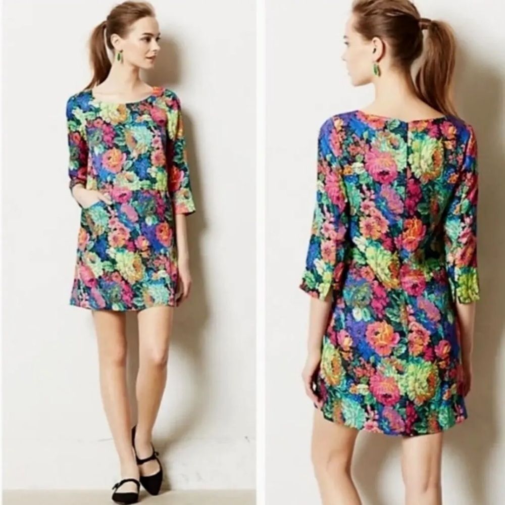 Anthropologie HD in Paris Multicolored Full Bloom Floral Oversized Shift Dress